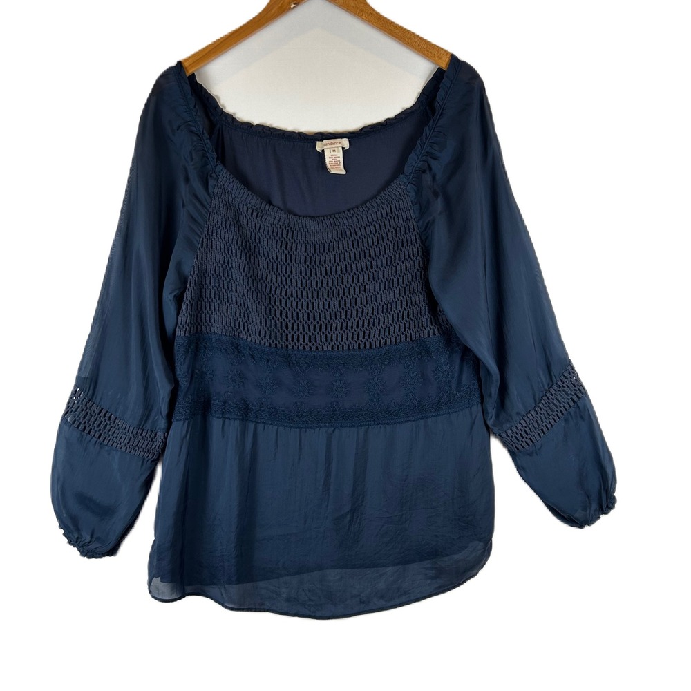 Sundance Crochet Trim Blouse Top Women's Medium Blue Long Sleeve Square Neck‎